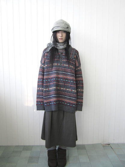 ang project Loose Fit Fair Isle Jacquard Striped Polo Collar Long Sleeve Women&