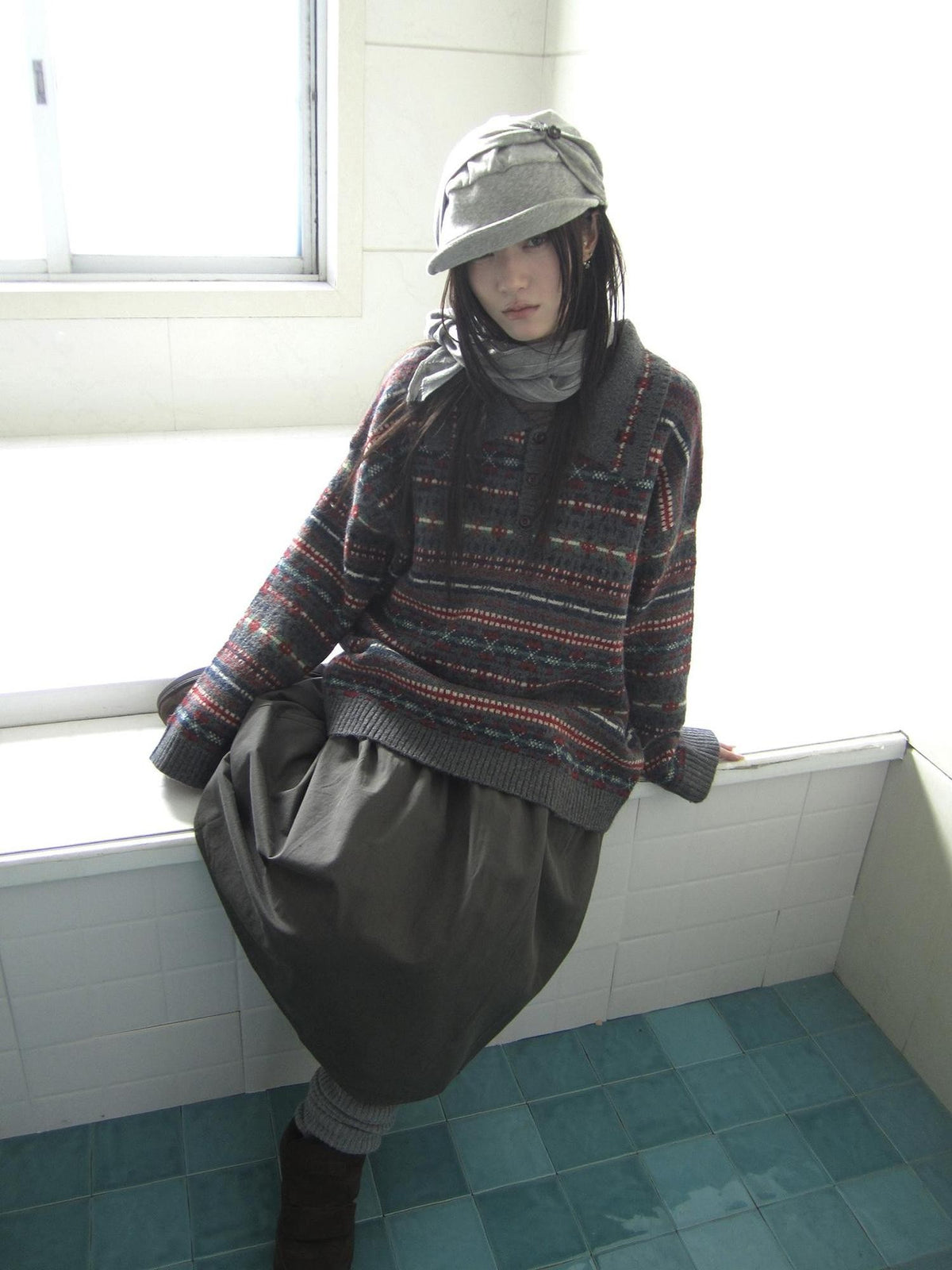 ang project Loose Fit Fair Isle Jacquard Striped Polo Collar Long Sleeve Women&