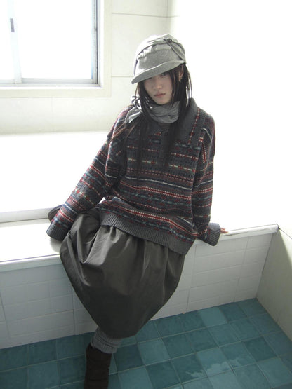 ang project Loose Fit Fair Isle Jacquard Striped Polo Collar Long Sleeve Women&