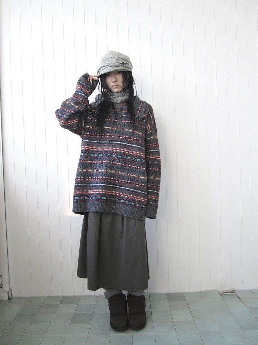 ang project Loose Fit Fair Isle Jacquard Striped Polo Collar Long Sleeve Women&