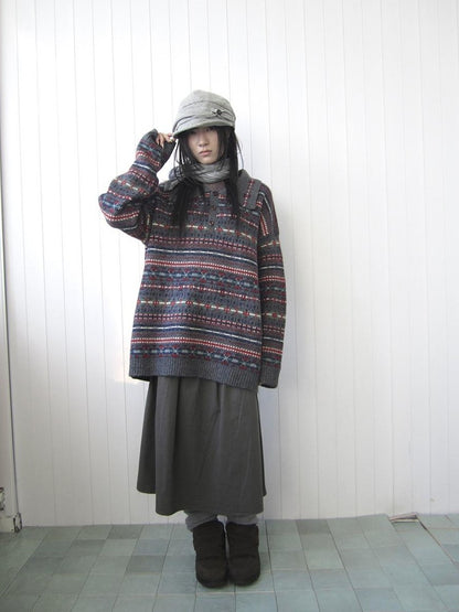 ang project Loose Fit Fair Isle Jacquard Striped Polo Collar Long Sleeve Women&
