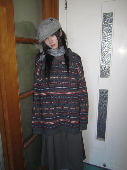 ang project Loose Fit Fair Isle Jacquard Striped Polo Collar Long Sleeve Women&