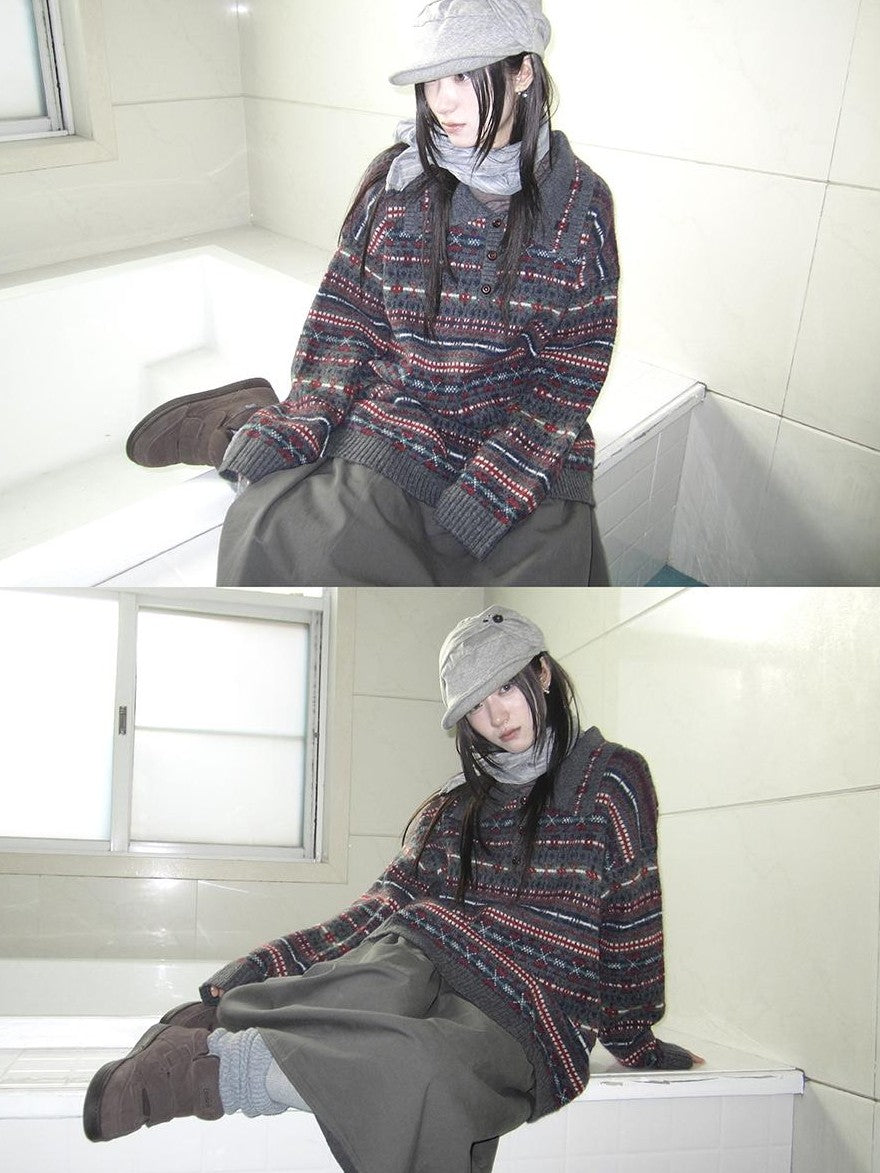 ang project Loose Fit Fair Isle Jacquard Striped Polo Collar Long Sleeve Women&