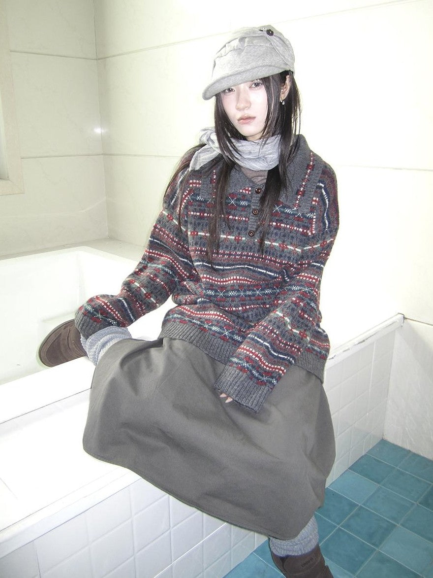 ang project Loose Fit Fair Isle Jacquard Striped Polo Collar Long Sleeve Women&