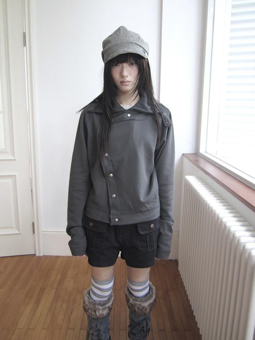 ang project Loose Fit Reverse Stitch Diagonal Button Korean Women&