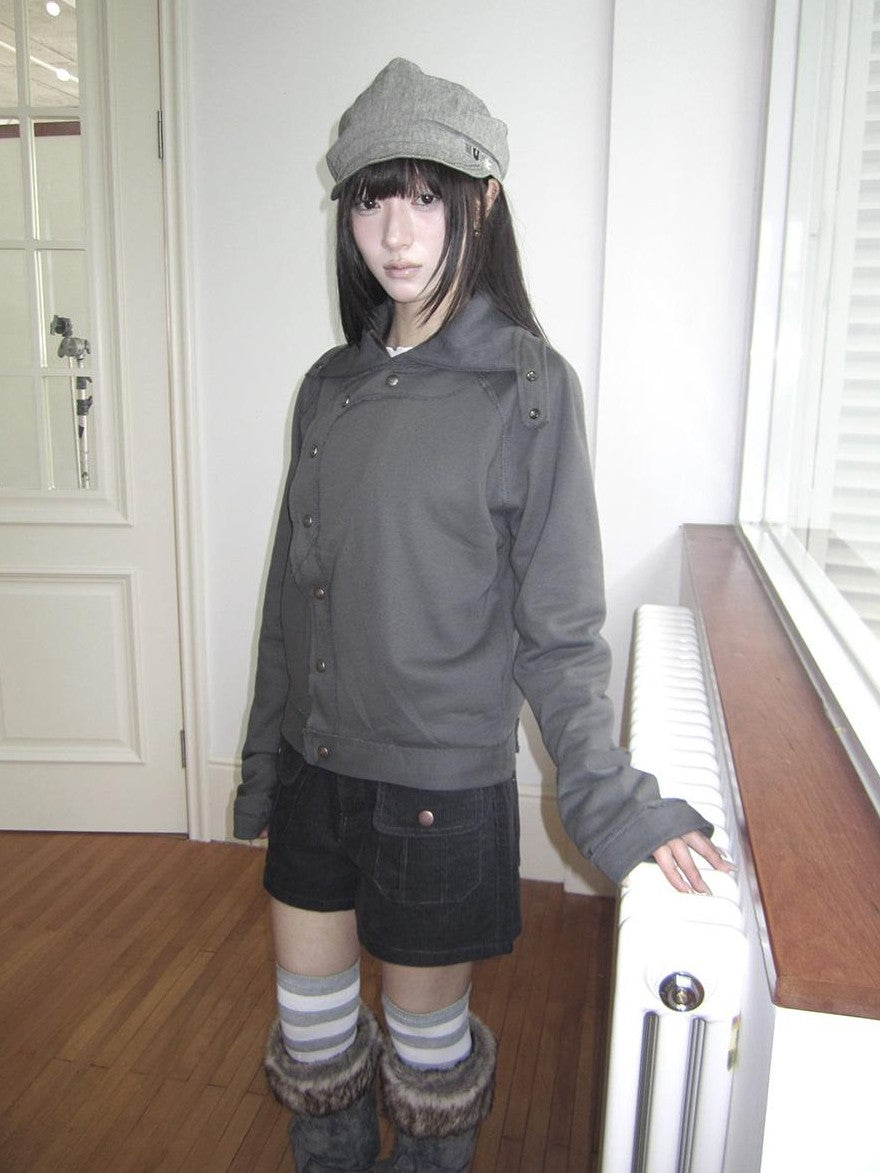 ang project Loose Fit Reverse Stitch Diagonal Button Korean Women&