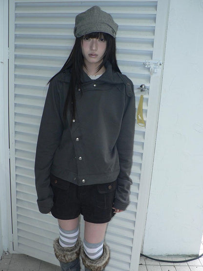 ang project Loose Fit Reverse Stitch Diagonal Button Korean Women&