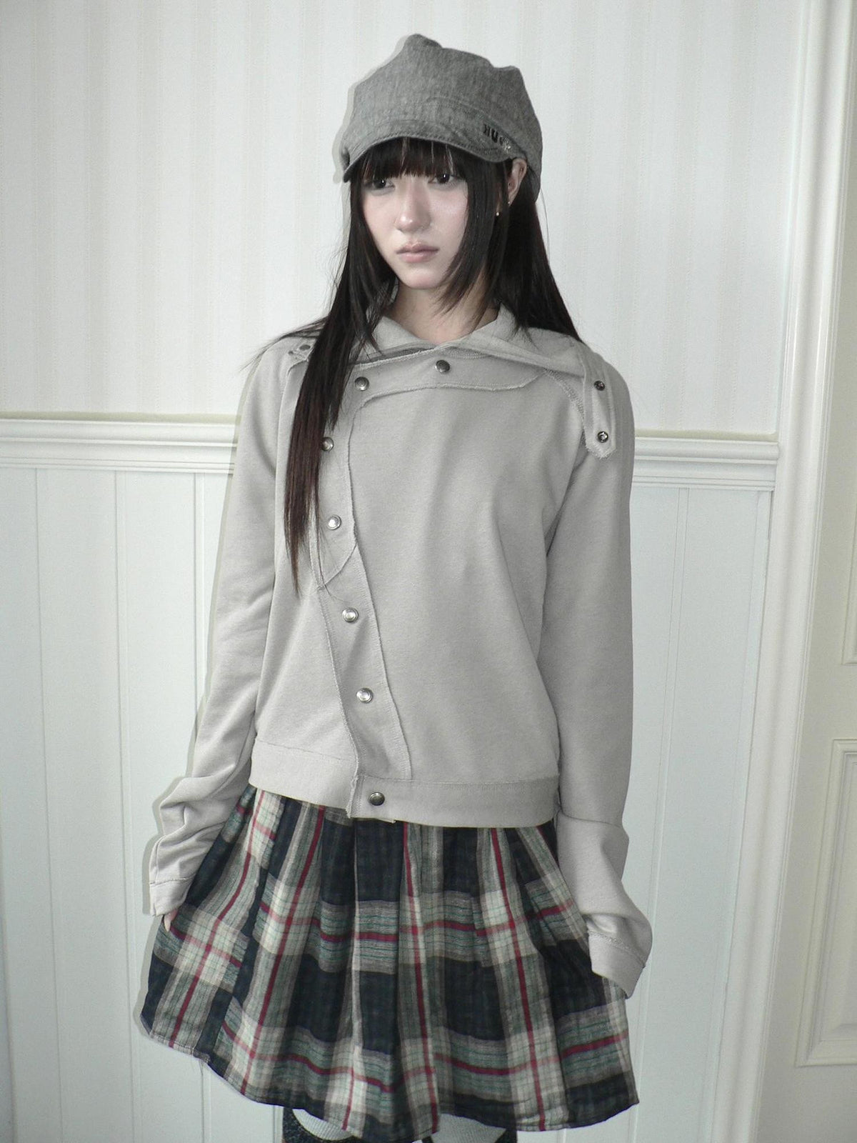 ang project Loose Fit Reverse Stitch Diagonal Button Korean Women&