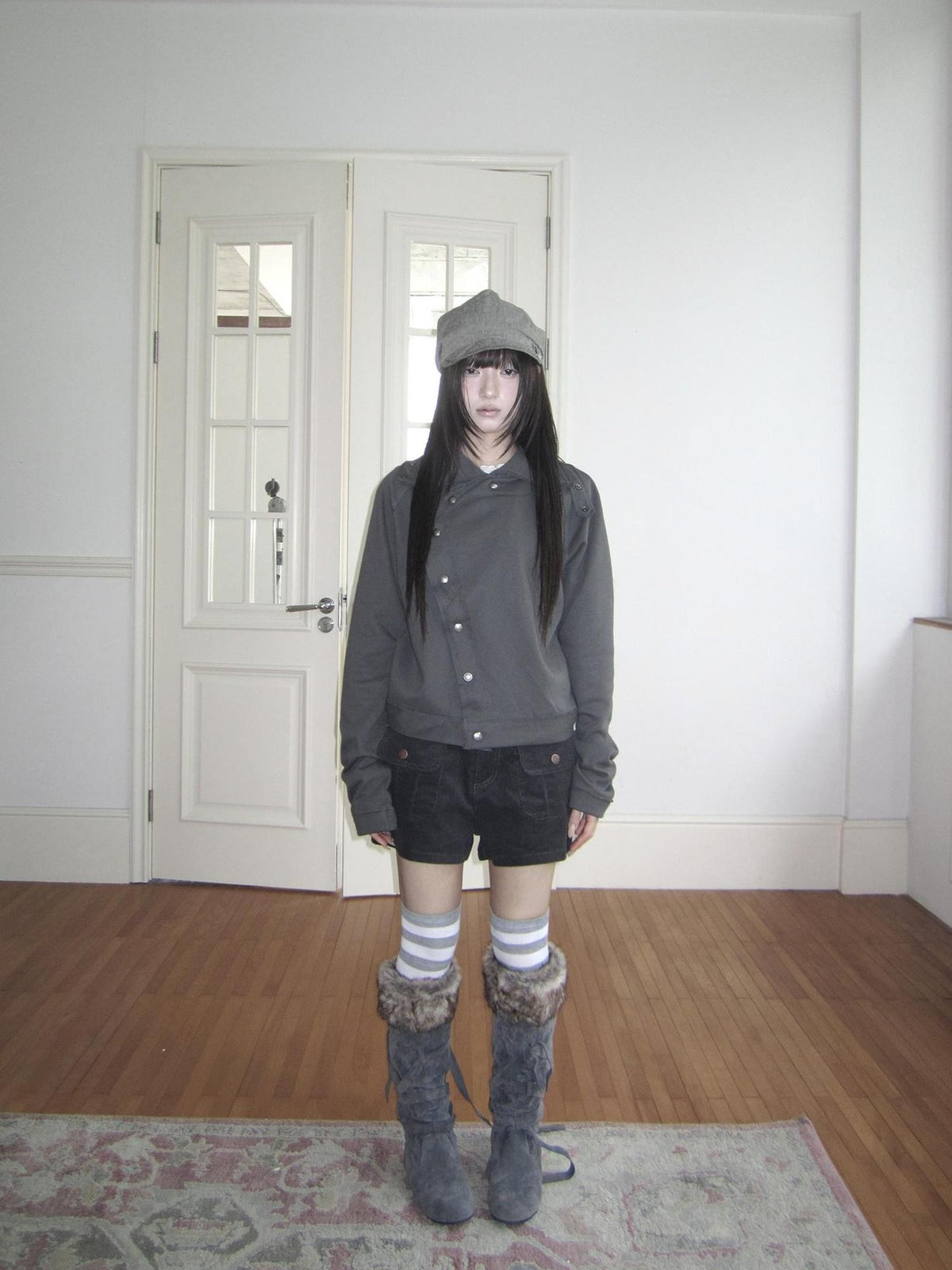 ang project Loose Fit Reverse Stitch Diagonal Button Korean Women&