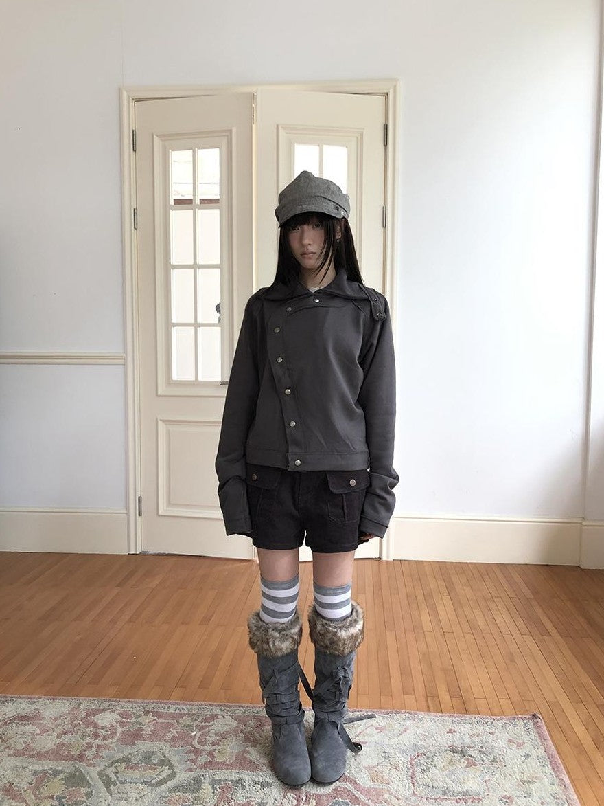 ang project Loose Fit Reverse Stitch Diagonal Button Korean Women&