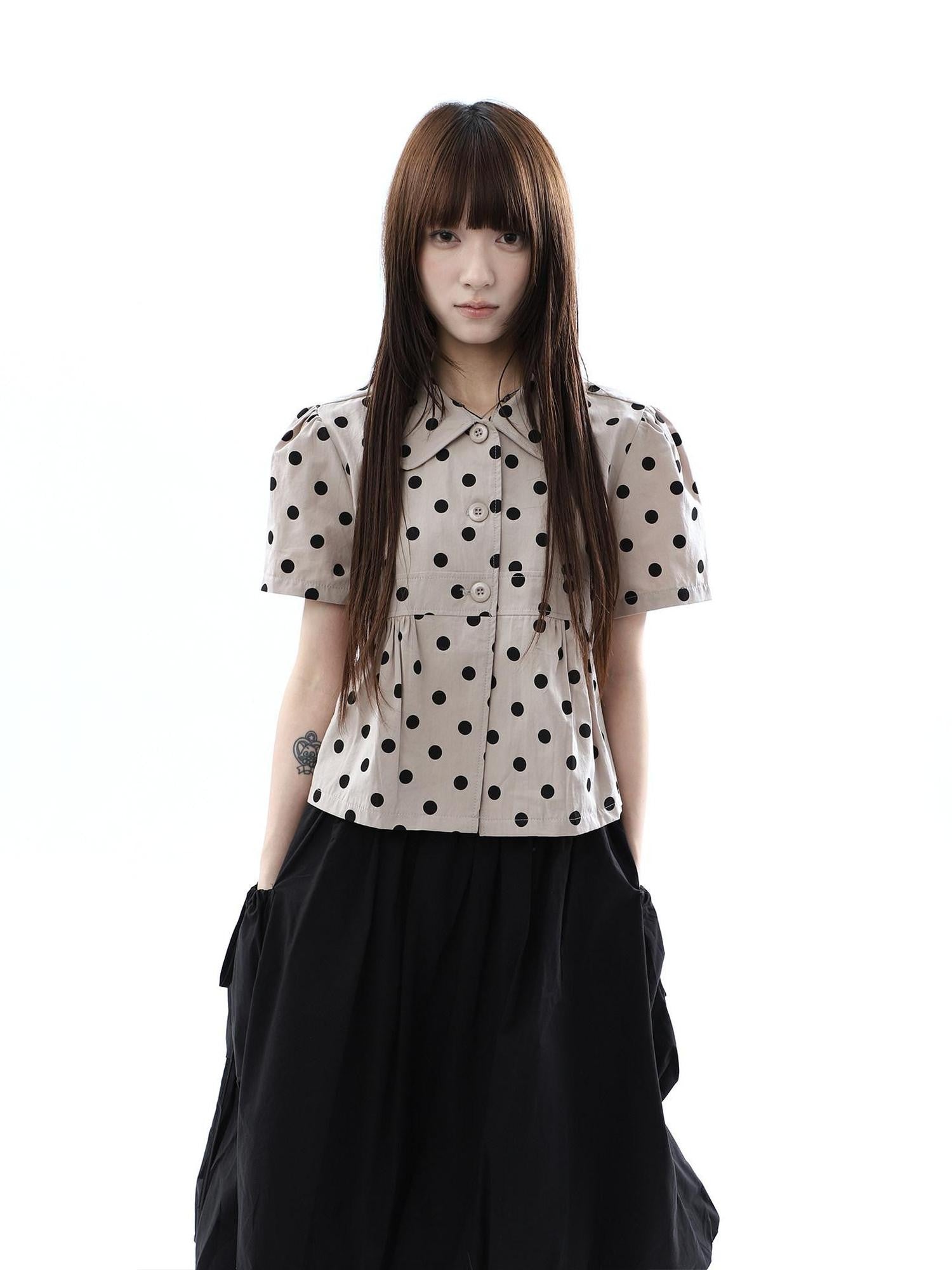 ang project Milk Tea Polka Dot Turn Down Collar Three Button Women&