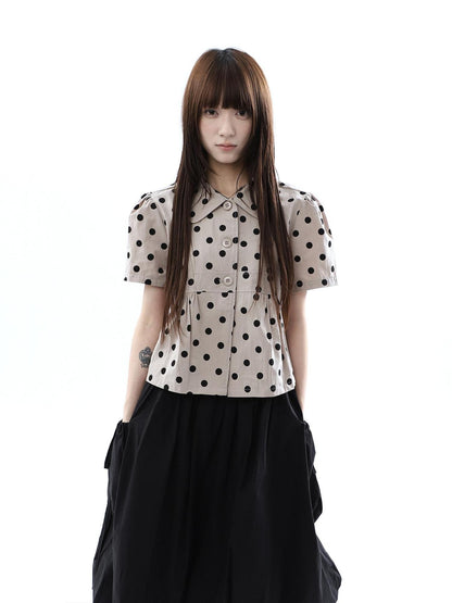ang project Milk Tea Polka Dot Turn Down Collar Three Button Women&