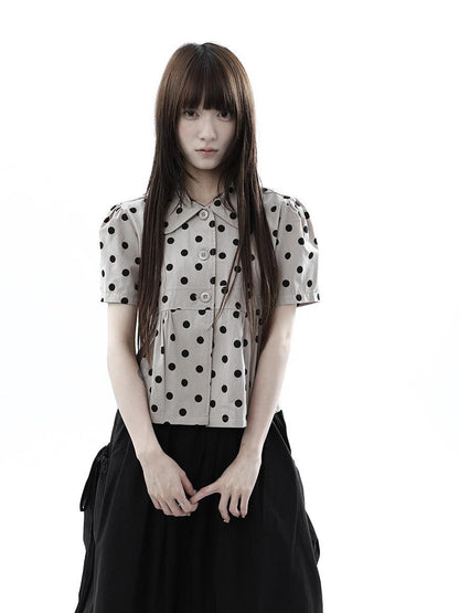 ang project Milk Tea Polka Dot Turn Down Collar Three Button Women&