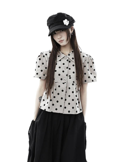 ang project Milk Tea Polka Dot Turn Down Collar Three Button Women&