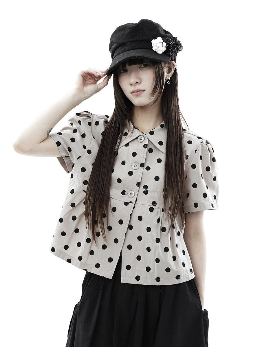 ang project Milk Tea Polka Dot Turn Down Collar Three Button Women&