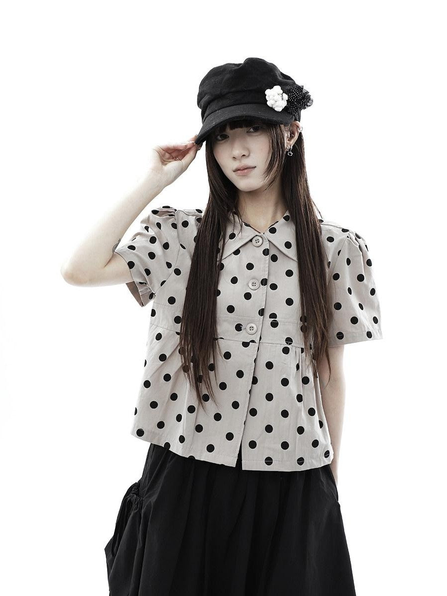 ang project Milk Tea Polka Dot Turn Down Collar Three Button Women&