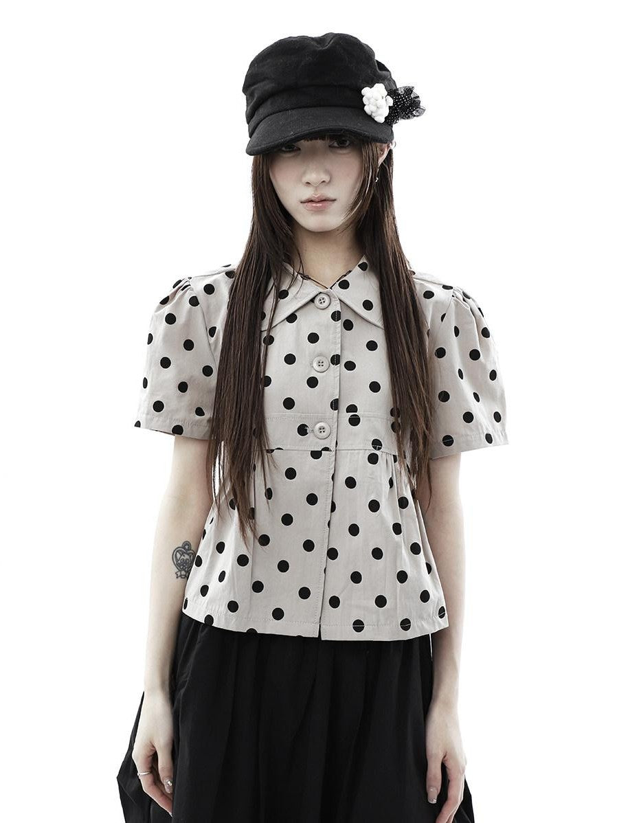 ang project Milk Tea Polka Dot Turn Down Collar Three Button Women&