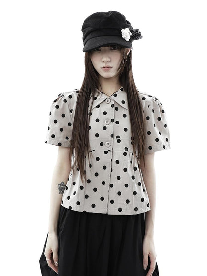 ang project Milk Tea Polka Dot Turn Down Collar Three Button Women&