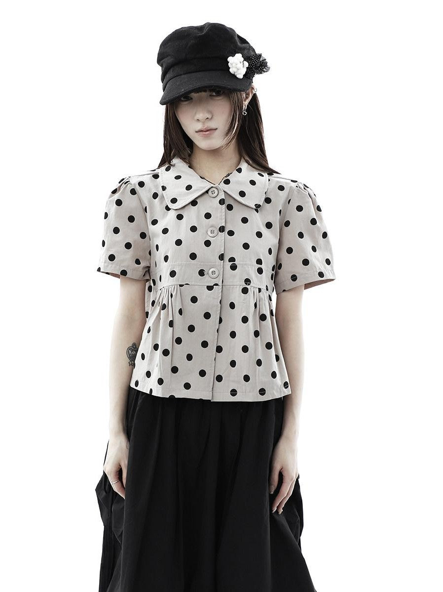 ang project Milk Tea Polka Dot Turn Down Collar Three Button Women&