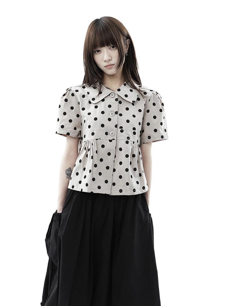 ang project Milk Tea Polka Dot Turn Down Collar Three Button Women&