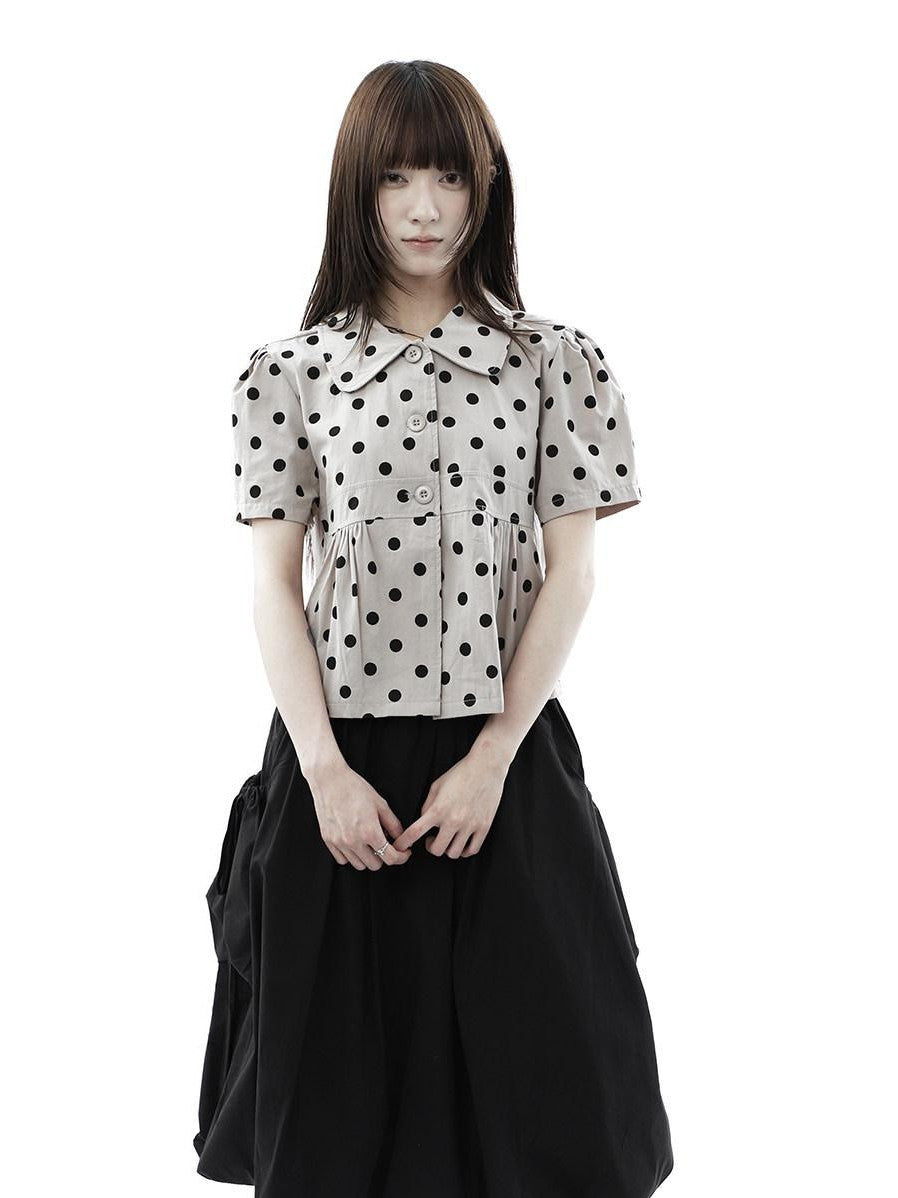 ang project Milk Tea Polka Dot Turn Down Collar Three Button Women&