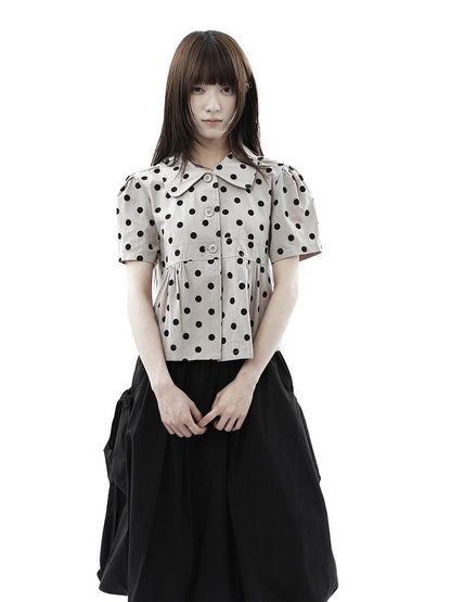 ang project Milk Tea Polka Dot Turn Down Collar Three Button Women&