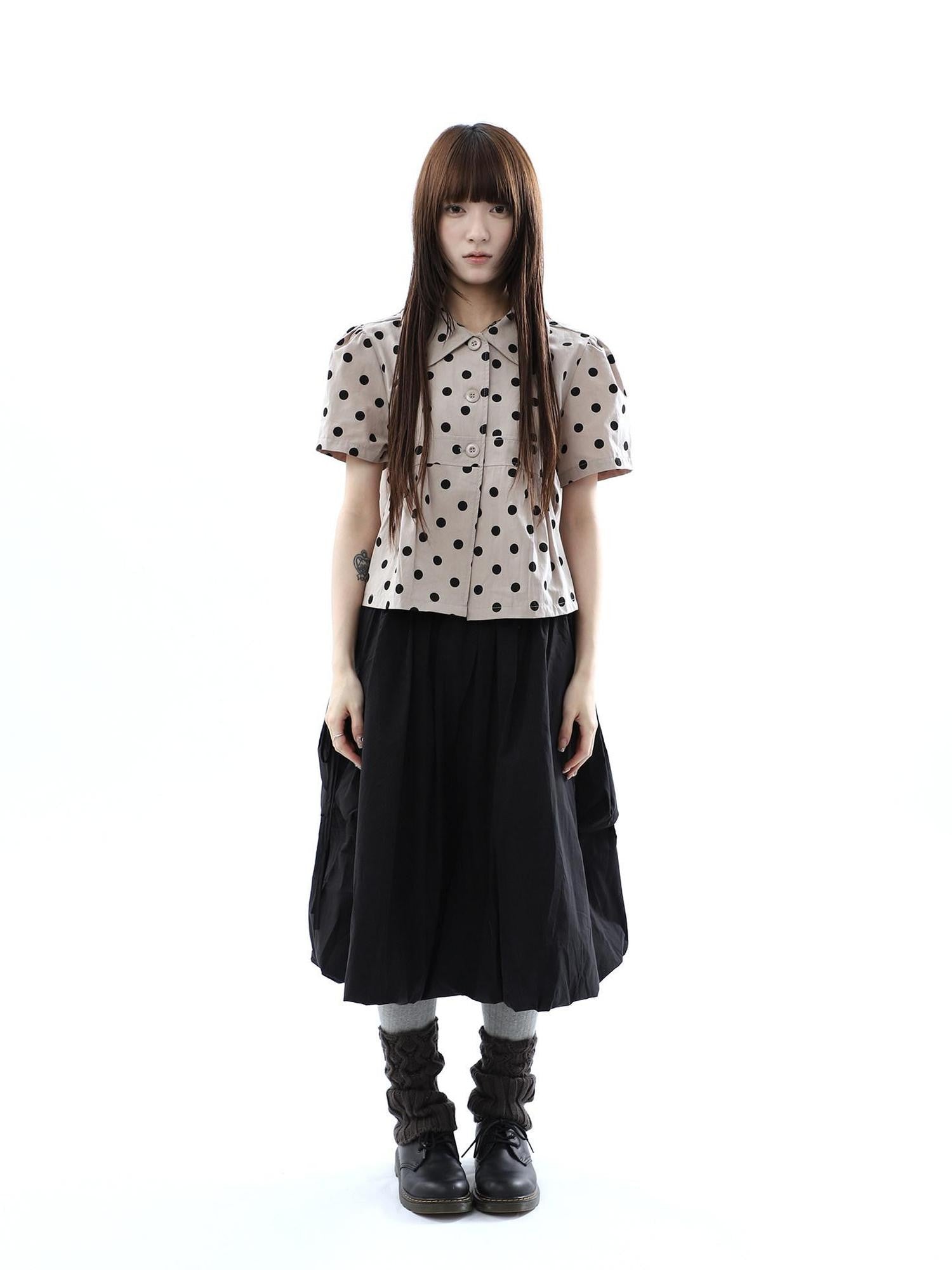 ang project Milk Tea Polka Dot Turn Down Collar Three Button Women&