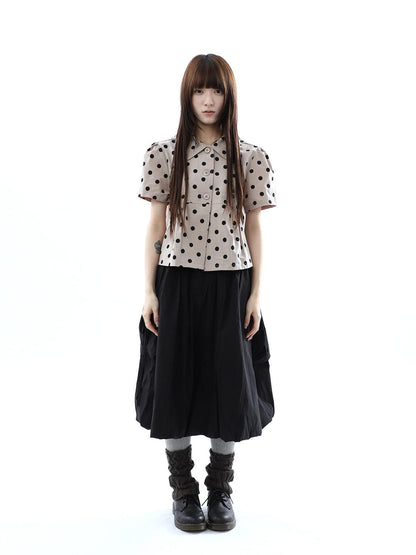 ang project Milk Tea Polka Dot Turn Down Collar Three Button Women&