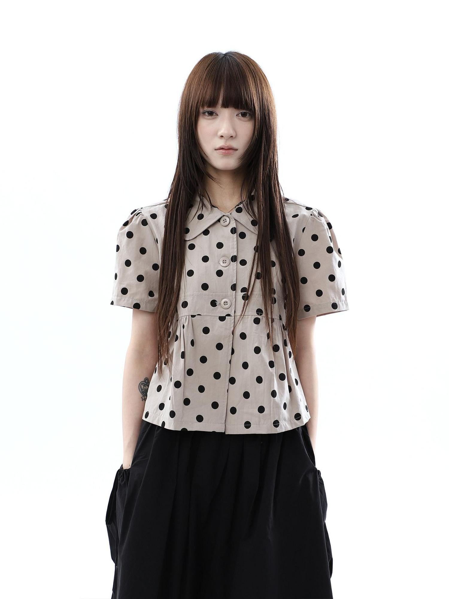 ang project Milk Tea Polka Dot Turn Down Collar Three Button Women&