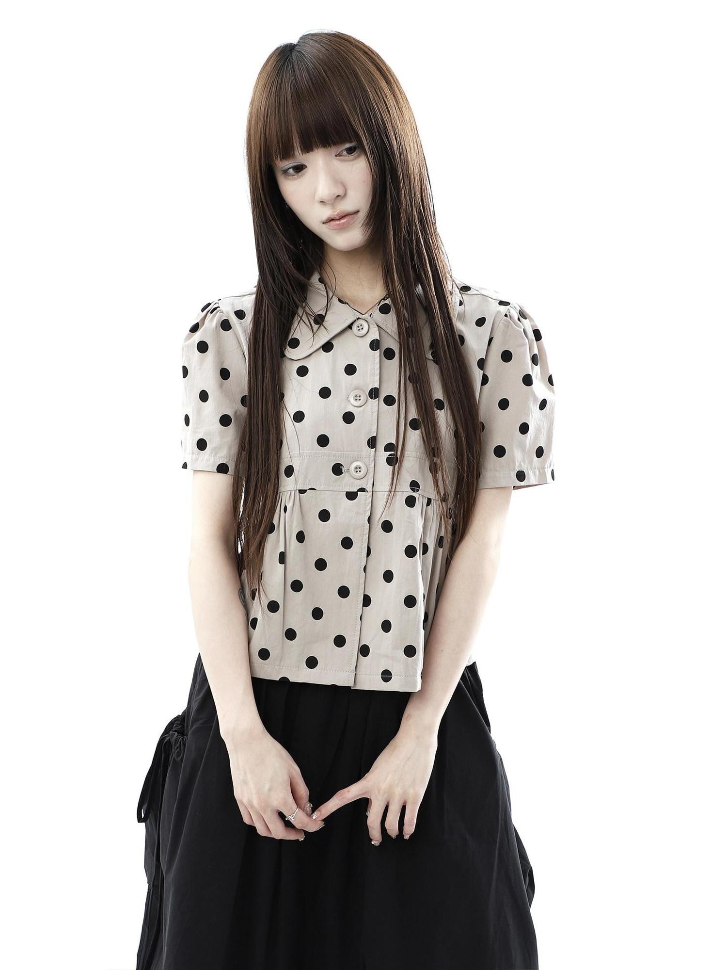 ang project Milk Tea Polka Dot Turn Down Collar Three Button Women&