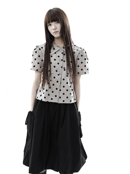 ang project Milk Tea Polka Dot Turn Down Collar Three Button Women&