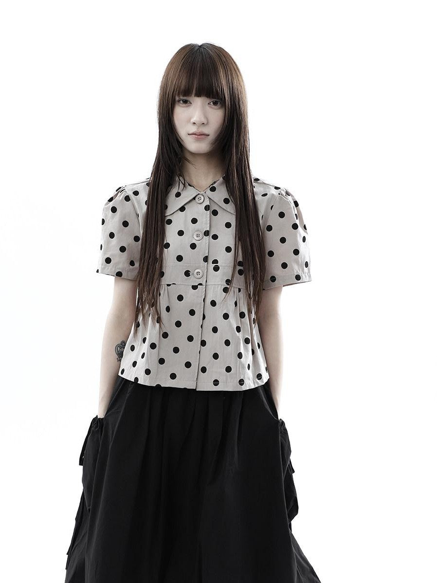 ang project Milk Tea Polka Dot Turn Down Collar Three Button Women&