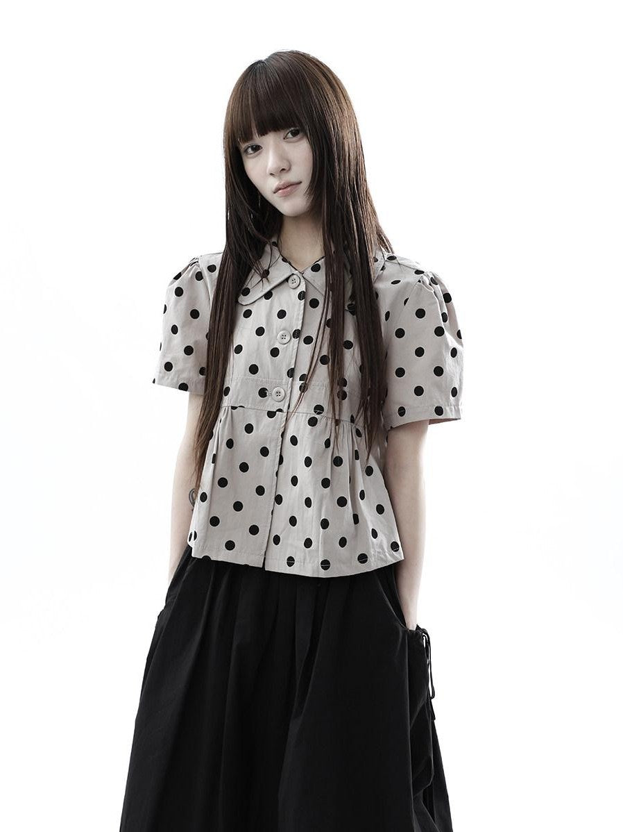 ang project Milk Tea Polka Dot Turn Down Collar Three Button Women&