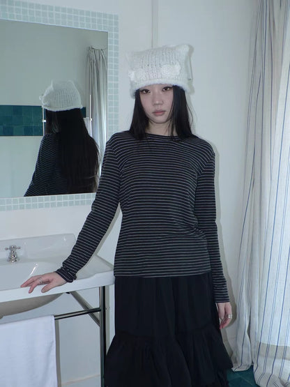 ang project Minimalist Colorblock Stripe Crewneck Long Sleeve Women Black White T-Shirt