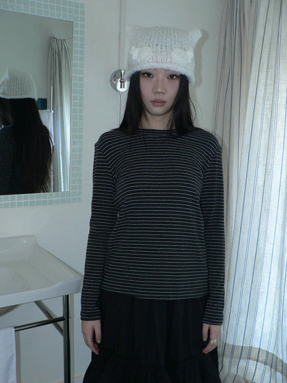 ang project Minimalist Colorblock Stripe Crewneck Long Sleeve Women Black White T-Shirt