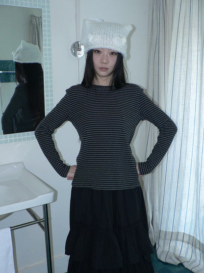 ang project Minimalist Colorblock Stripe Crewneck Long Sleeve Women Black White T-Shirt