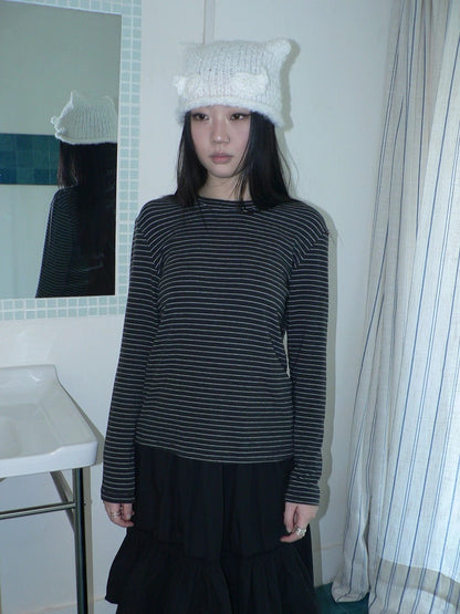ang project Minimalist Colorblock Stripe Crewneck Long Sleeve Women Black White T-Shirt