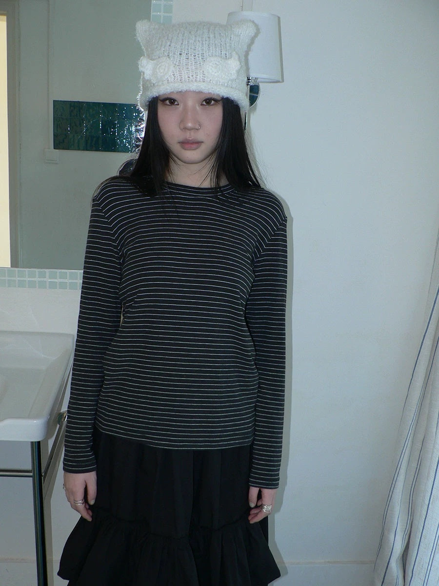 ang project Minimalist Colorblock Stripe Crewneck Long Sleeve Women Black White T-Shirt
