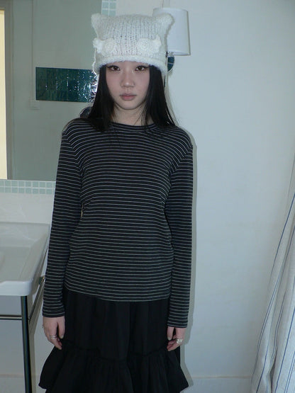 ang project Minimalist Colorblock Stripe Crewneck Long Sleeve Women Black White T-Shirt