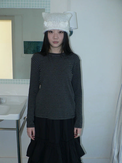 ang project Minimalist Colorblock Stripe Crewneck Long Sleeve Women Black White T-Shirt