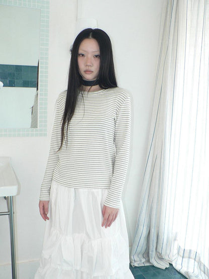 ang project Minimalist Colorblock Stripe Crewneck Long Sleeve Women Black White T-Shirt