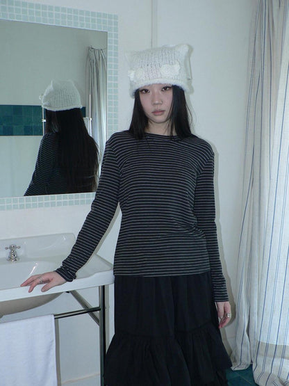 ang project Minimalist Colorblock Stripe Crewneck Long Sleeve Women Black White T-Shirt