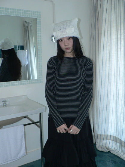 ang project Minimalist Colorblock Stripe Crewneck Long Sleeve Women Black White T-Shirt