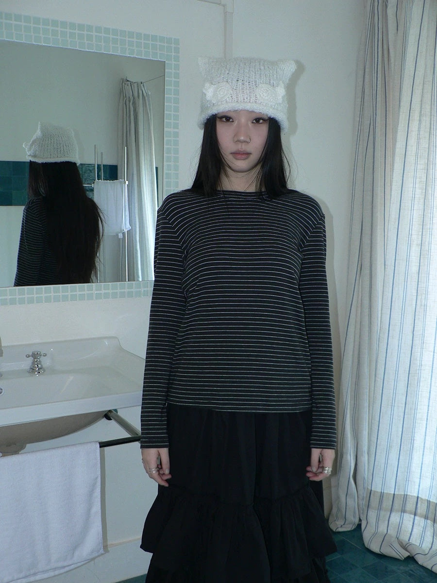 ang project Minimalist Colorblock Stripe Crewneck Long Sleeve Women Black White T-Shirt