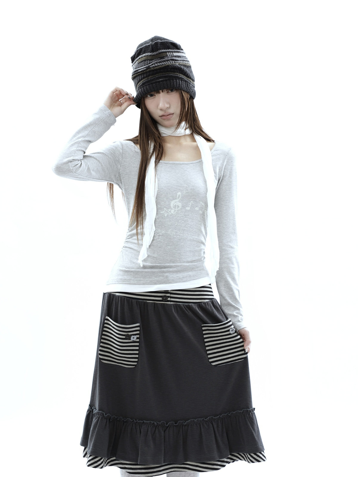 ang_project_Music_Note_Print_Ruched_Striped_Patchwork_Women&