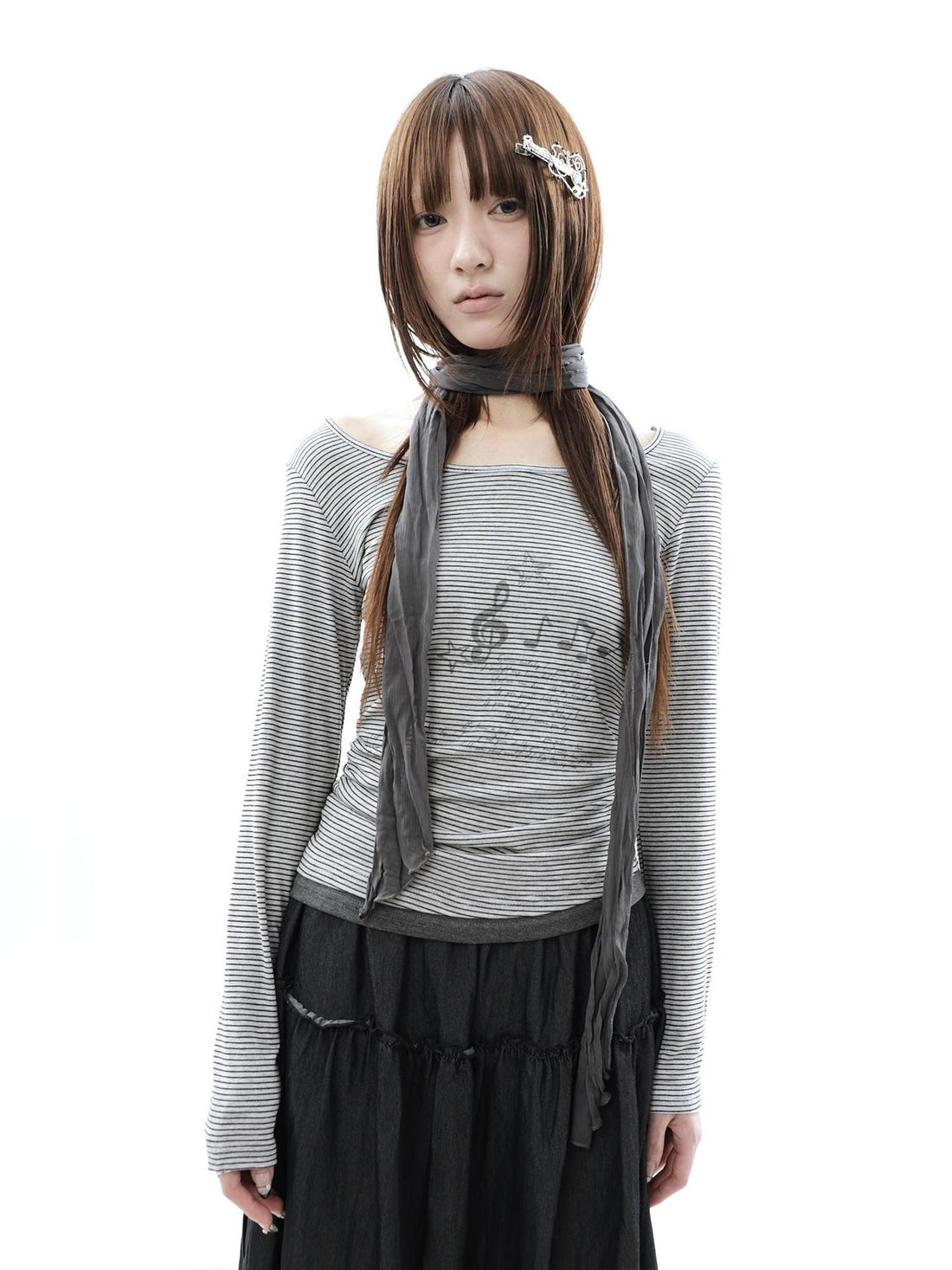 ang project Music Note Print Ruched Striped Patchwork Women&