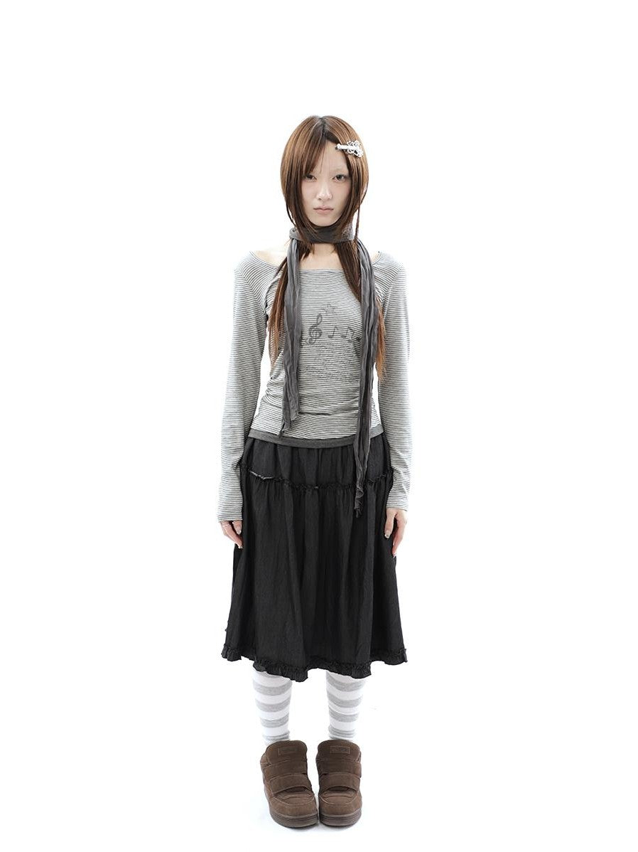 ang project Music Note Print Ruched Striped Patchwork Women&