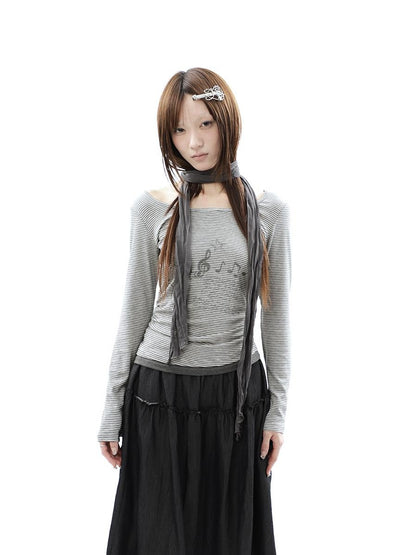 ang project Music Note Print Ruched Striped Patchwork Women&