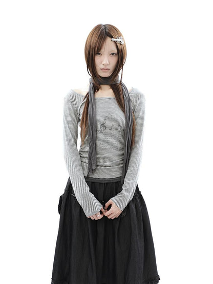 ang project Music Note Print Ruched Striped Patchwork Women&