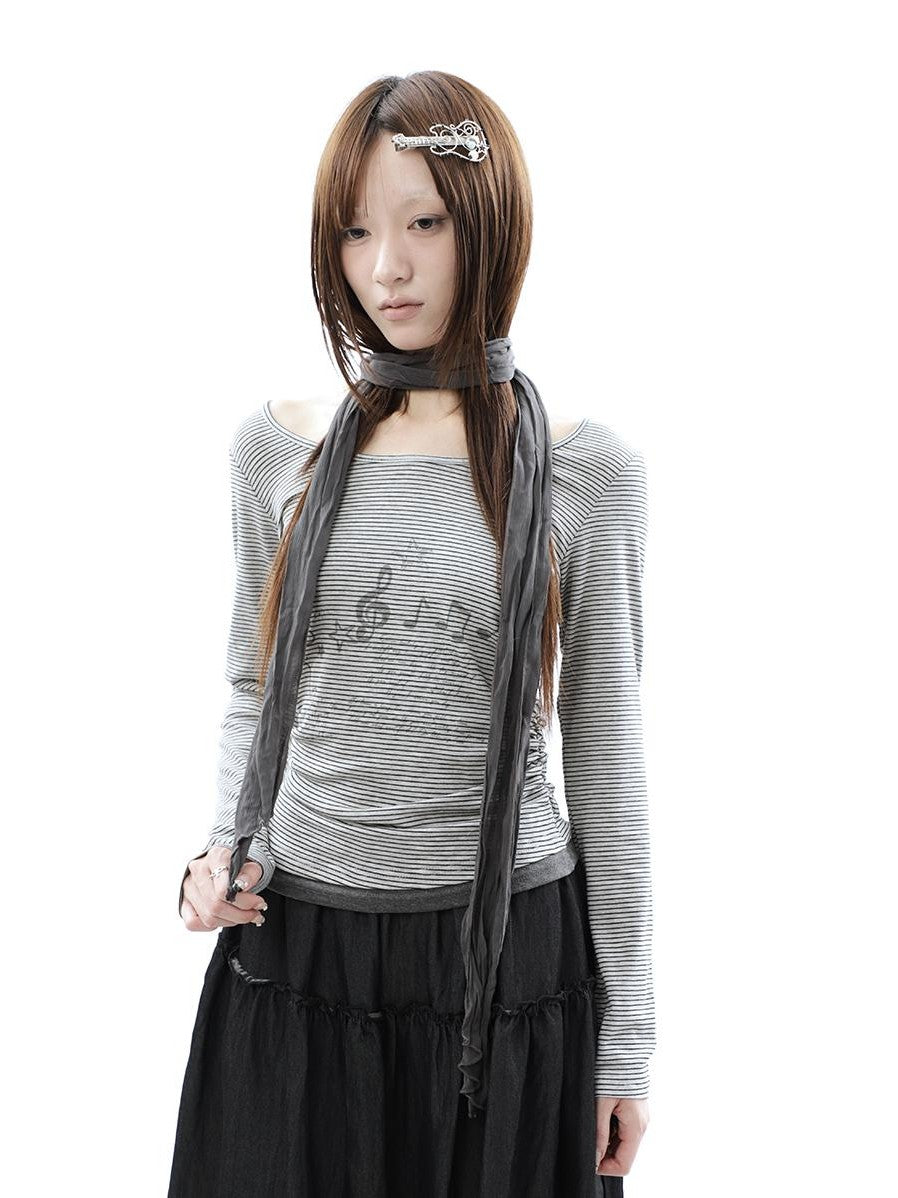 ang project Music Note Print Ruched Striped Patchwork Women&